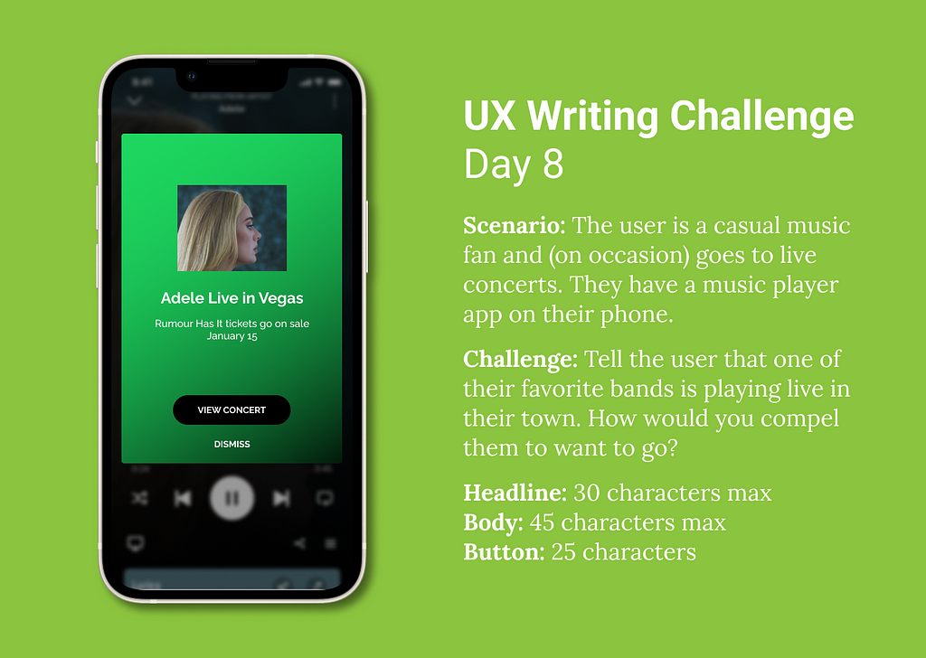 An iPhone on a lime green background with a lock screen mockup notifiying the user of an Adele concert on the left. The right shows writing challenge objectives (below).