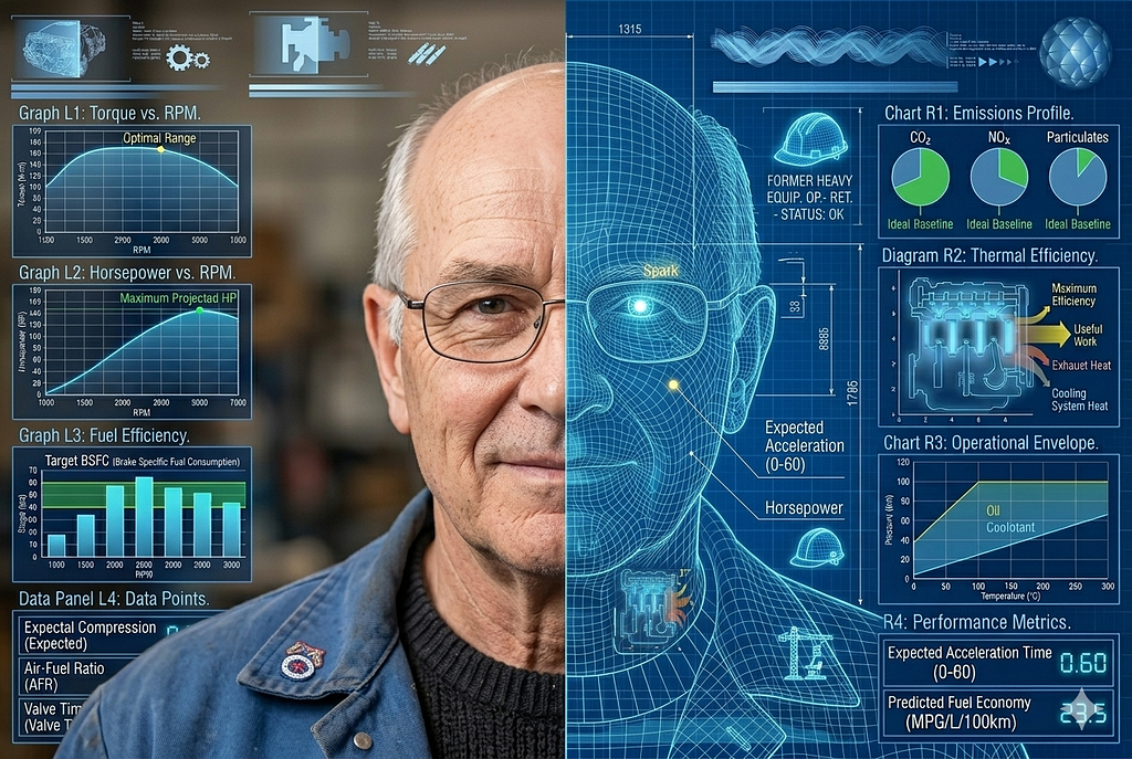 A picture depicting a middle-aged man. Half of the picture is photorealistic, the other half resembles a technical blueprint. On the left and right sides of the image, various stats describe the behaviours of the user. It’s a “creative” and questionable representation of a digital twin created with Nano Banana.