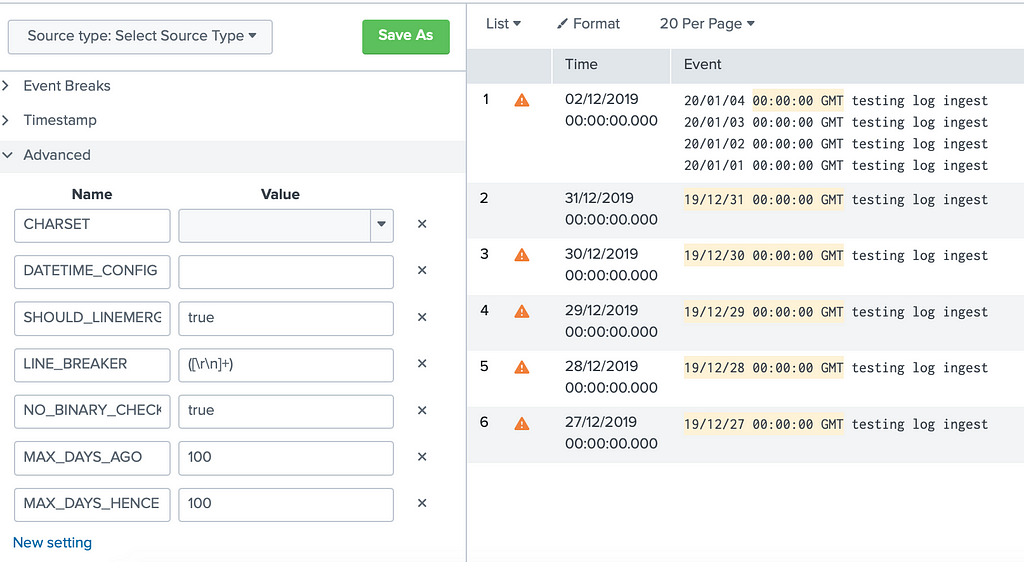 Image of Splunk’s Add Data screen with problem Datetime.xml file in place.