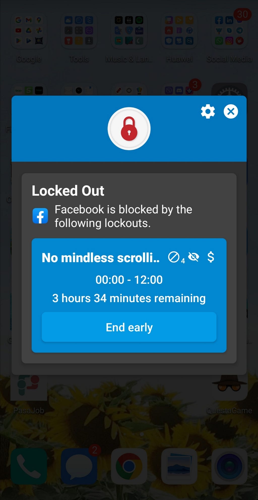 Screenshot of Lock Me Out notification screen when blocking is active
