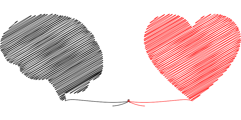 An illustration of a brain linked with a heart via a string.