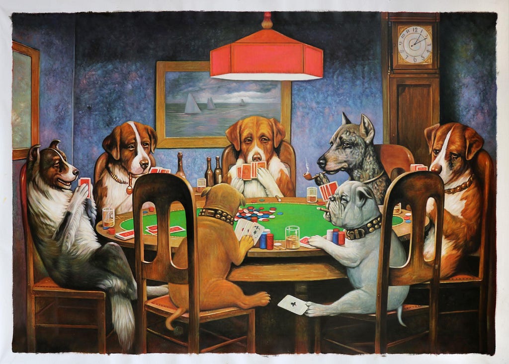 Six dogs sit around a dimly lit table playing poker.