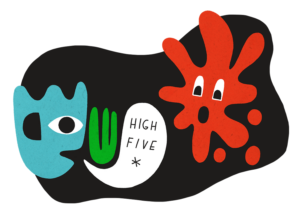 An abstract illustrated character extends a hand, offering a high five to another.