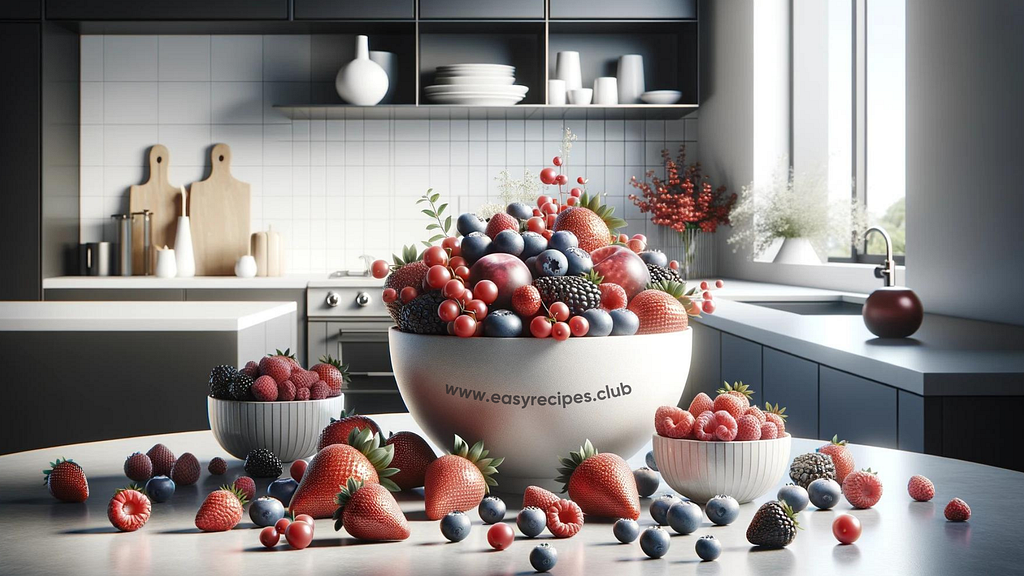 A modern and bright photo-realistic image of various berries arranged on a sleek, white kitchen counter, including strawberries, raspberries, and blueberries in elegant bowls and scattered artistically. The background features contemporary decor elements with minimalist kitchenware and stylish accents. The scene is well-lit with natural and bright artificial light. The text “Berries: Antioxidant Powerhouses” is overlaid in an eye-catching, bold font.