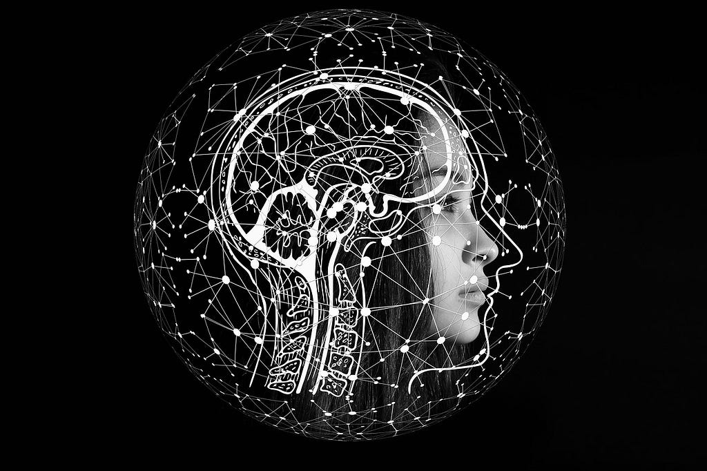 imagem do perfil do rosto de uma mulher, simulando um robô. Grafismos representando redes neurais da inteligência artificial