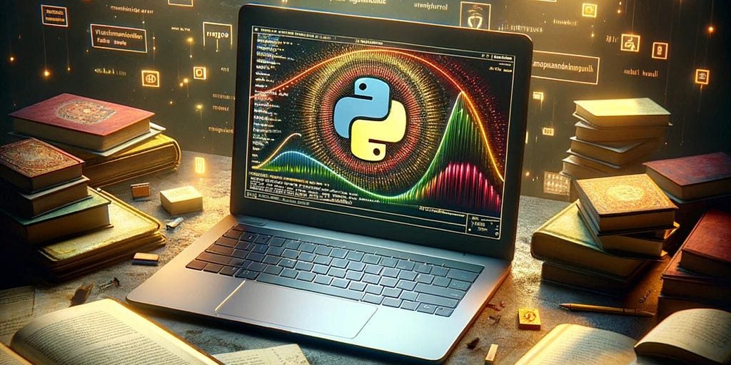 An illustration representing the journey of mastering Natural Language Processing (NLP) and sentiment analysis with Python. The image features a modern laptop displaying a Python logo, surrounded by open books and color-coded letters representing different sentiments.