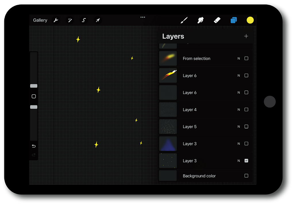 iPad screen showing the Layers Panel of the Procrate app and how to turn off the background layer