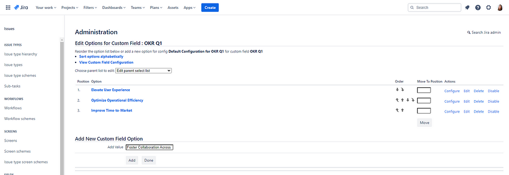 Objectives as parent options in the select list cascading custom field in Jira
