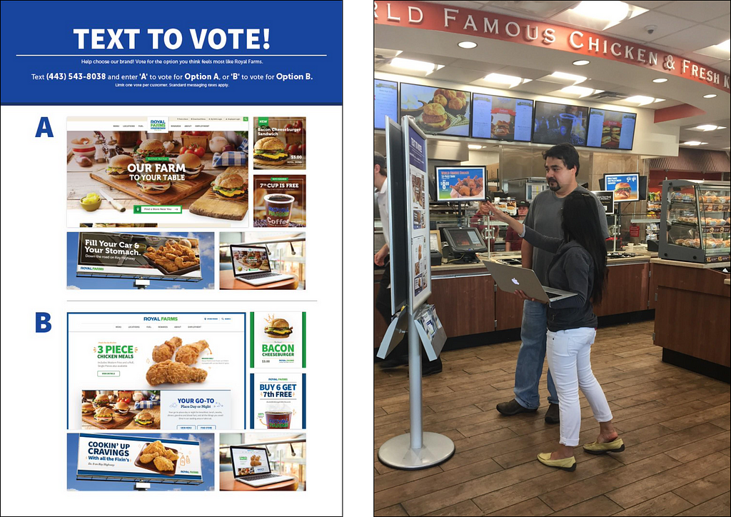 An image of two concepts used for an A/B test, next to an image of a woman conducting an A/B testing session with a participant inside of a Royal Farms Store.