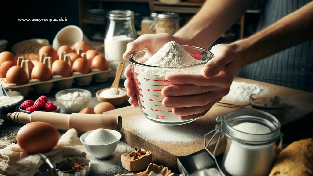 A close-up of hands holding measuring cups filled with flour, sugar, and other baking ingredients. The background shows a cluttered countertop with various baking tools, indicating active baking in progress.