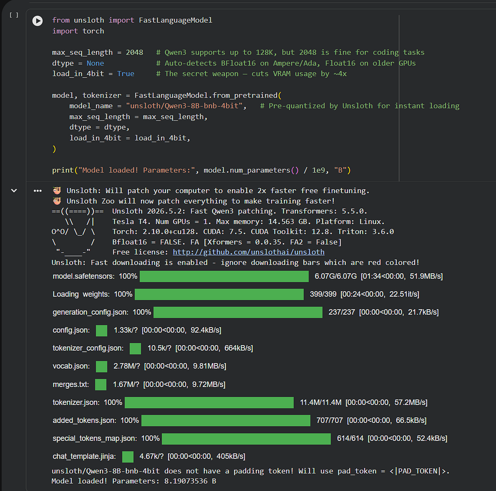 A Google Colab console output showing the successful loading of the unsloth/Qwen3–8B-bnb-4bit model and confirming the parameter count.