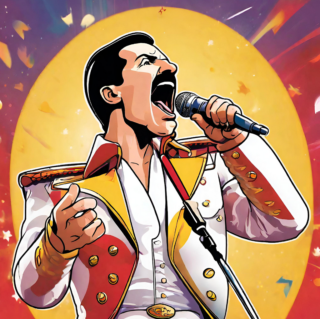 Freddie Mercury singing in a cartoonish style.