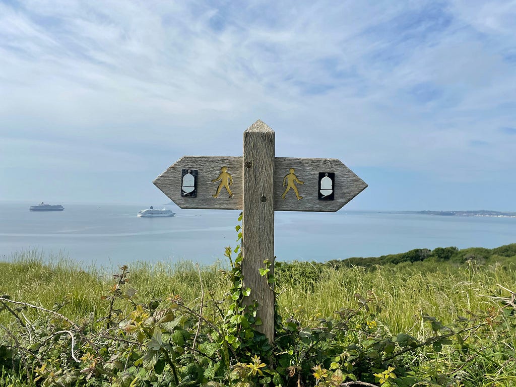 A wooden signpost with arrows pointing in both directions is situated on a green hillside. Both arrows feature an icon of a person walking. In the background, there is a view of the sea with two cruise ships and a partially cloudy sky.