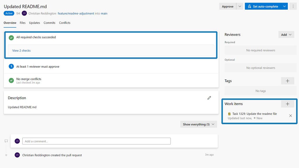 Screenshot showing a Pull Request which requires 1 reviewer and 1 reviewer to approve.