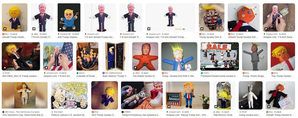 Two dozen small images of various dolls resembling Donald Trump with pins in them