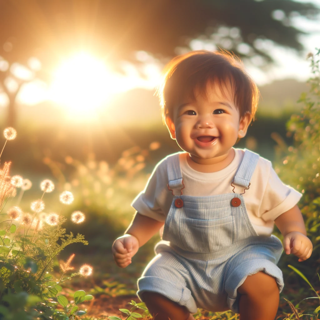 Joyful toddler reveling in outdoor play under the morning sun, showcasing the significance of morning sunshine for a healthy sleep-wake cycle