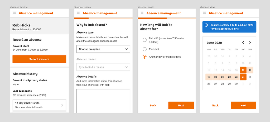 Screenshots of the app, showing a simple screen progression to report a staff absence.