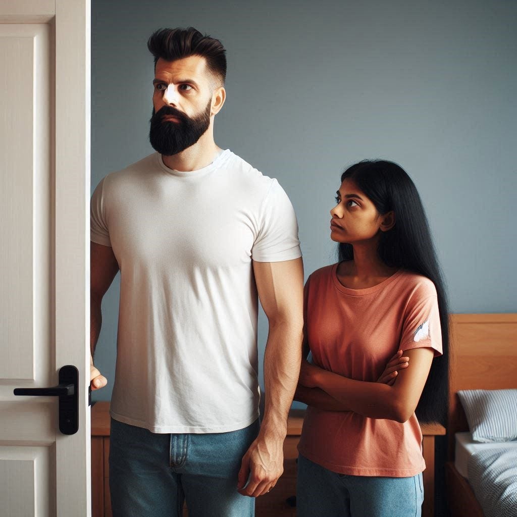 A man and a woman are standing in their bedroom looking at a door.