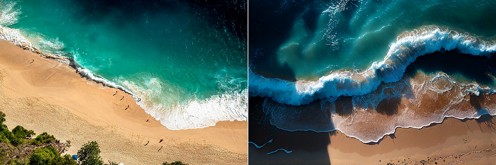 Foto de um drone da praia e uma foto igual sendo que gerada por uma inteligência artificial.