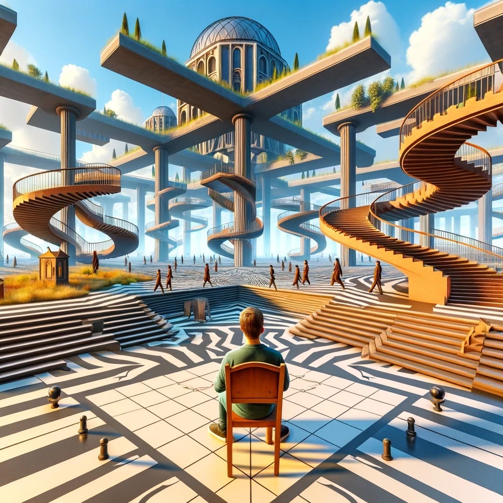 Here is an image inspired by the concept of multiple gravitational directions. In this VR landscape, the viewer sits in the center on flat ground, surrounded by an environment where staircases and pathways extend in various orientations. This surreal landscape challenges the traditional perceptions of up, down, left, and right, creating an engaging visual experience.