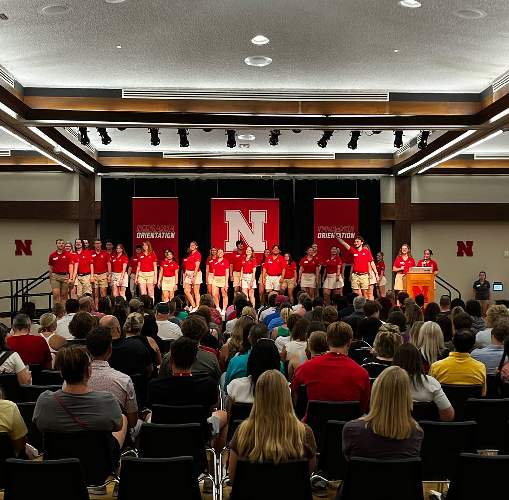 Orientation Leaders line up on stage for introductions