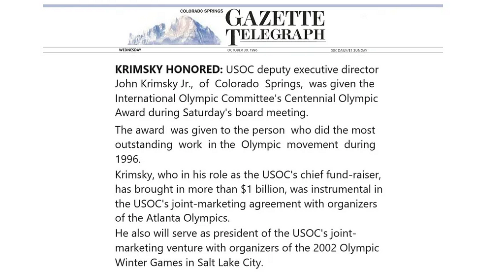 JOHN KRIMSKY JR. RECEIVES PRESTIGIOUS IOC CENTENNIAL OLYMPIC AWARD