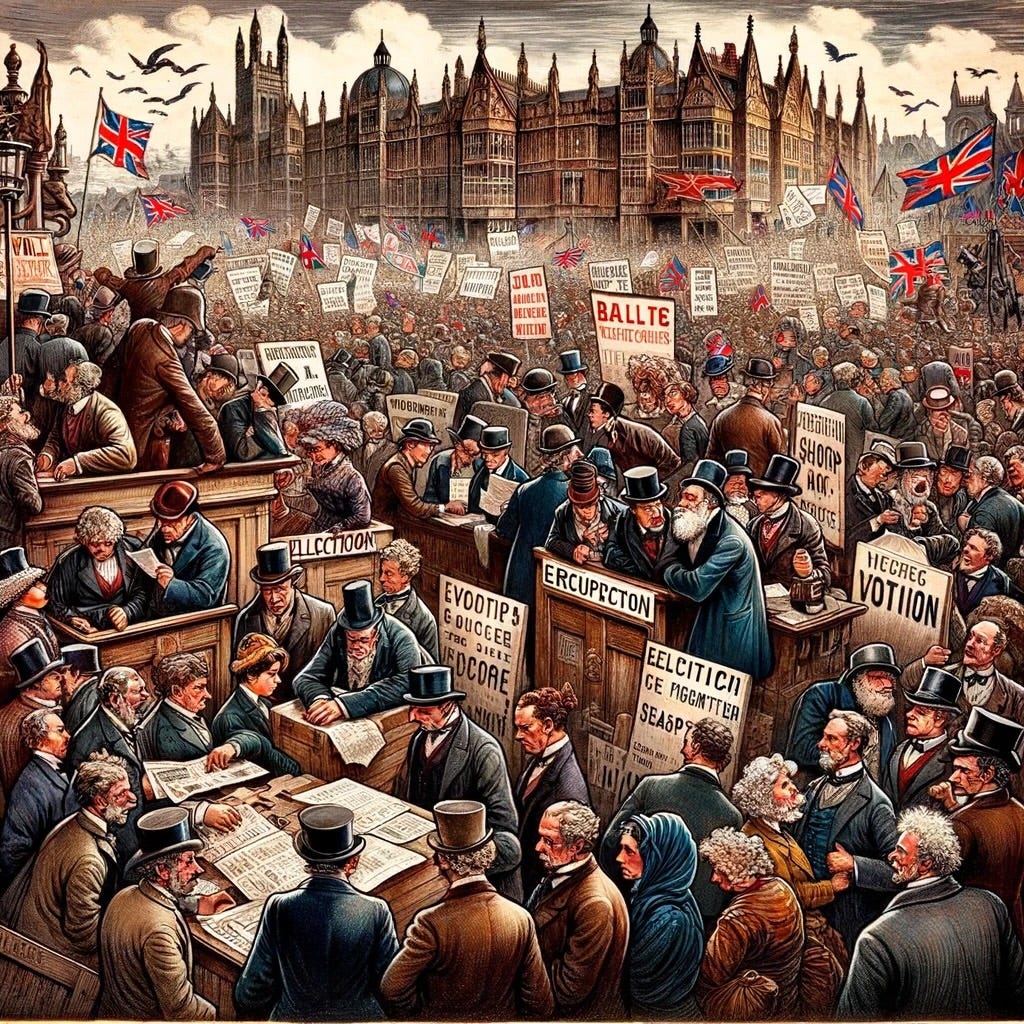 A political cartoon, in the style of 19th Century newspaper illustration, showing balloting and voting outside of the British houses of parliament.