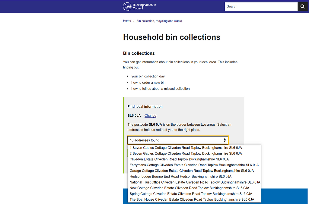 A screenshot from a webpage showing the UPRN mechanism via a dropdown