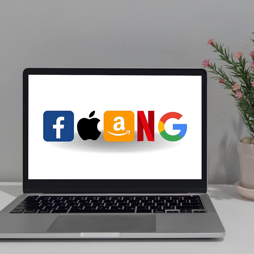 mock computer screen showing logos of FAANG; facebook, apple, amazon, netflix, and google