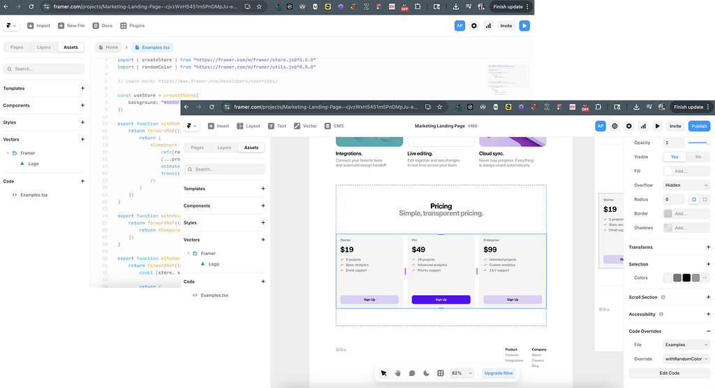 Design visuals and code output produced by Framer, but is limited to the tool itself