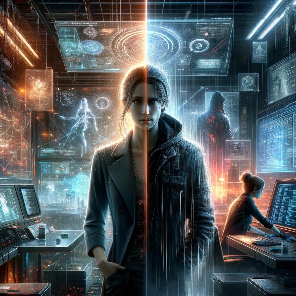 A dual-themed image split between two contrasting environments. On one side, Valeria in her high-tech AI laboratory, a space filled with holographic displays and futuristic interfaces, as she stands with a contemplative expression, surrounded by advanced machinery and a complex network of floating equations. Her side of the image radiates with the glow of technology and progress, capturing her awe and the slight trepidation about the future she’s building. Image 2