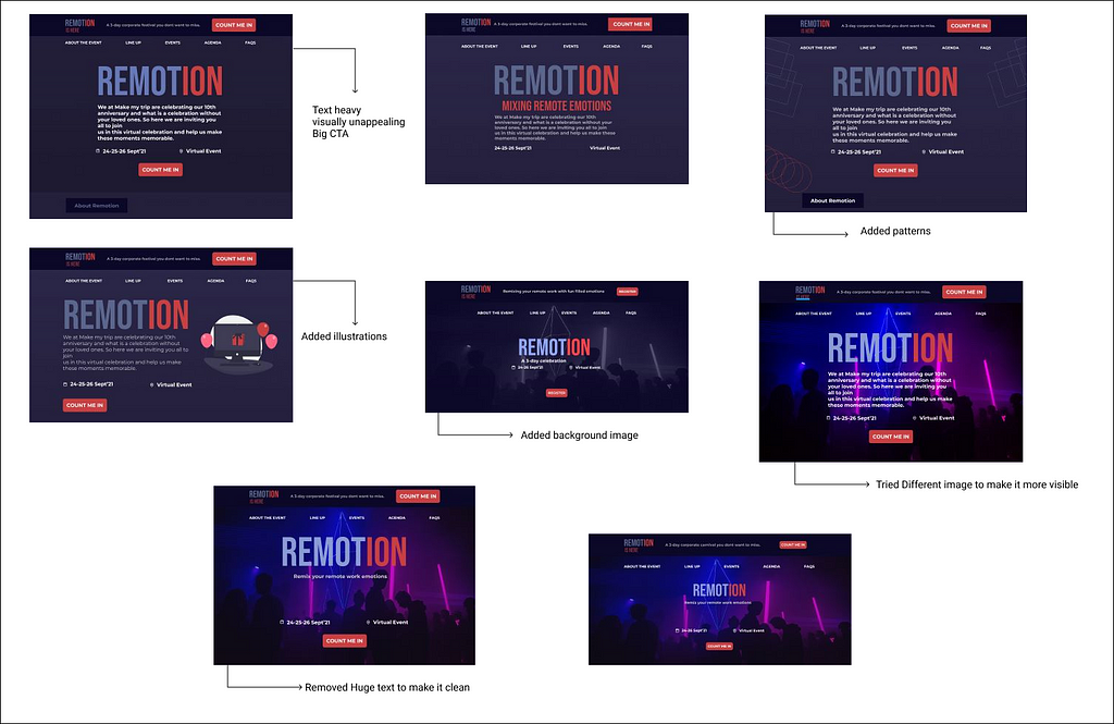 Few of the first iterations of hero section