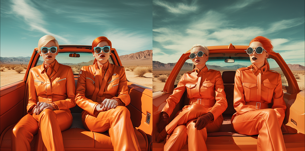 Two photos of “Twins in orange suits, sitting in an orange cadillac”, generated by AI but featuring way too many legs.