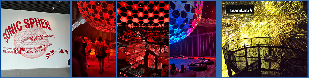 Salle de concert en forme de sphère géante à trous coloriés en rouge puis bleu, permettant d’accueuillir des spectateurs en son centre The Shed New-York — nid réalisé en filet expérience teamLab Borderless Japon