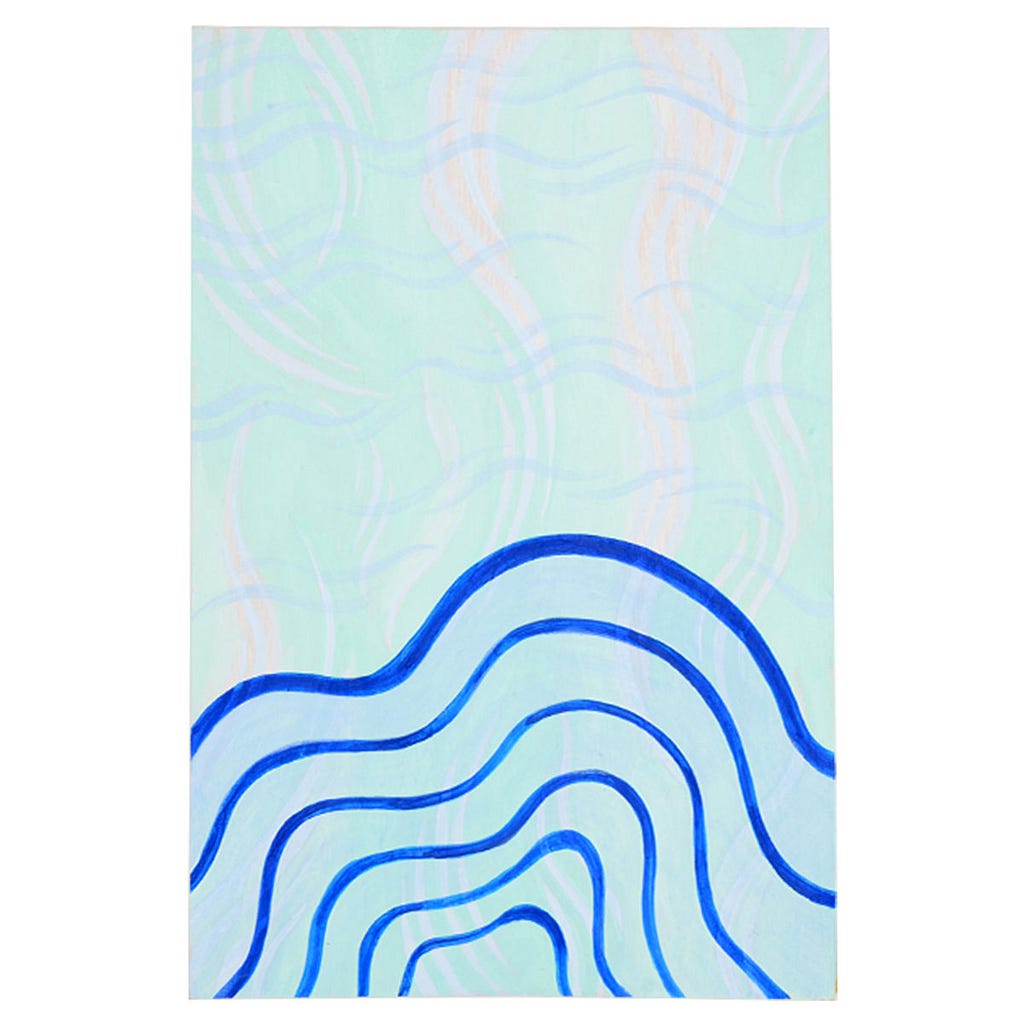 Envelope art by David Peña titled “Growing Up” in acrylic paint on a 6 x 9 inch envelope. Art shows a light blue background with light blue and pink wavy lines moving horizontally and vertically across the composition. There are six thicker bright blue lines across the bottom half of the composition, radiating like ripples from a center point beyond the bottom half of the canvas.