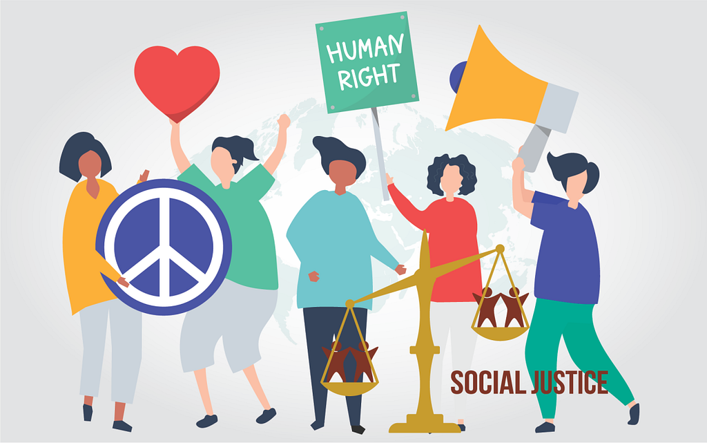 Character image of 5 women in different coloured shirts and trousers. They are all holding different symbols in relation to Social Justice