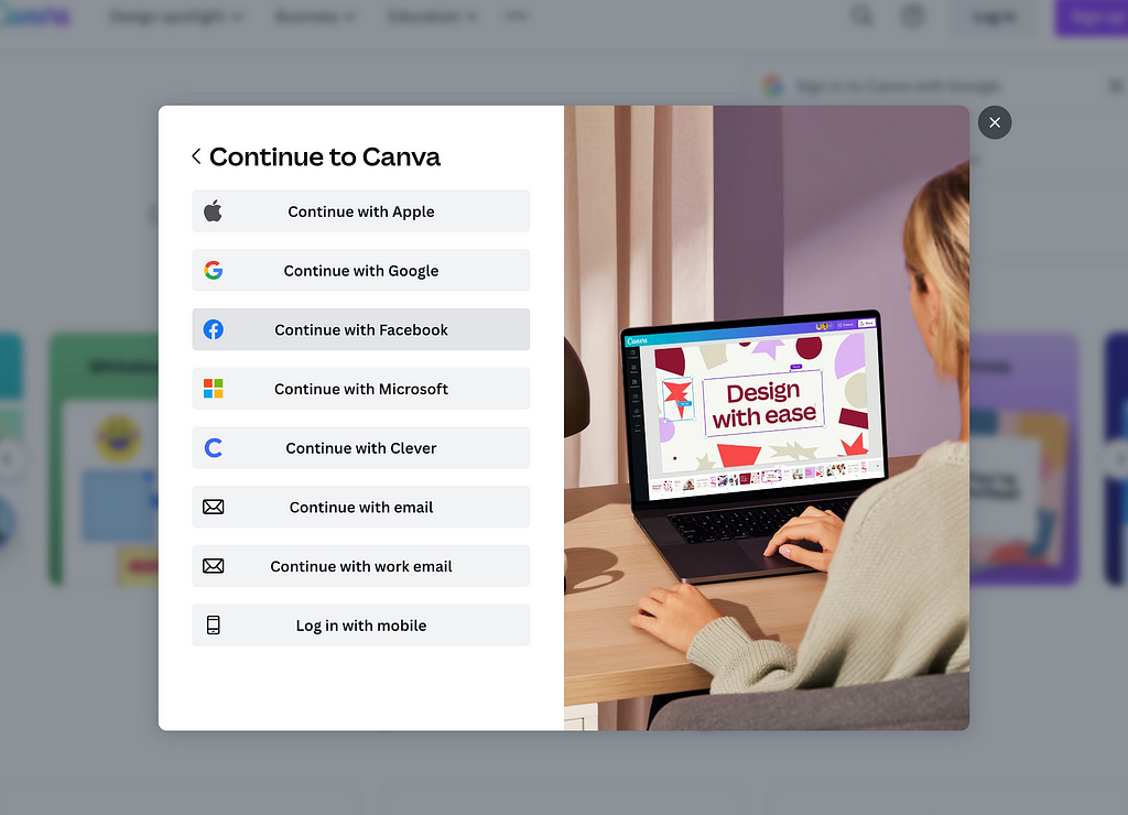 Screenshot of Canva’s full list of 8 sign up options on desktop