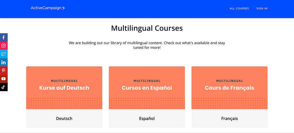 Screenshot of ActiveCampaign’s multilingual courses.
