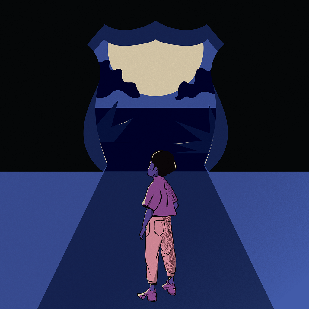 A young person with short black hair, purple button up shirt, pink pants and purple shoes is facing away towards a large ominous door shaped like a police badge. There is a large moon with silhouette of clouds and spiky plants. The colors are dark blue, purple, and pink, with a moon that is glowing yellow.