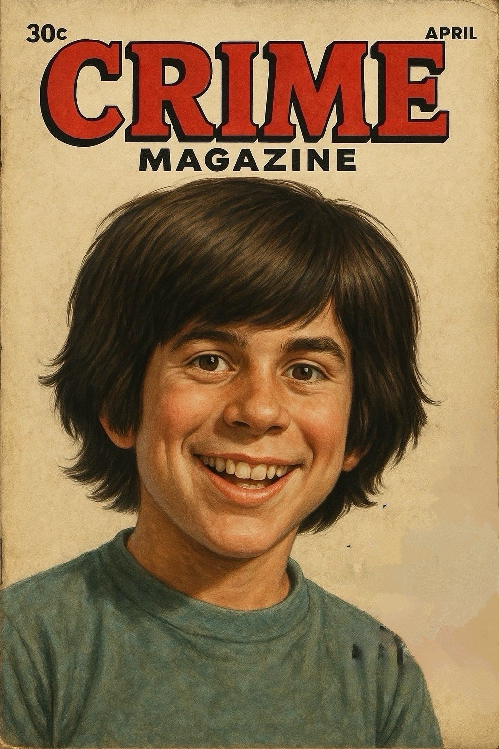 An illustration of a comic book named Crime with the likeness of the author on the cover.