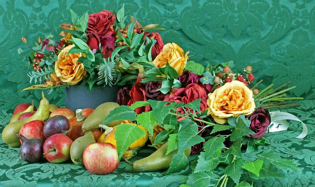 Harvest and thanksgiving arrangement from Ellie White.