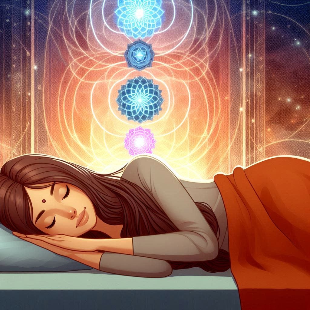 a woman sleeping peacefully on her side, with chakras in the background