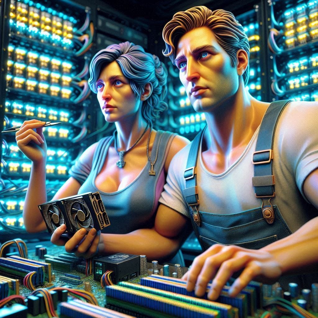 a lifelike photograph of two GPU’s one male, one female, both in vivid upper spectrum colors working hard to solve hashes on the Blockchain done in the style of a futurists computer