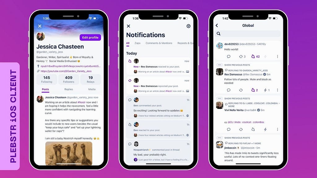 My profile view, notifications view, and search view on Plebstr, an iOS Nostr client.