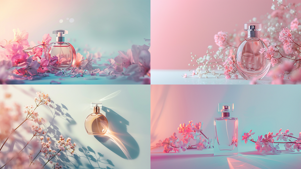 Commercial photography, a perfume bottle, on pastel color background, with flowers, minimal, dreamy, soft lighting, horizontal composition