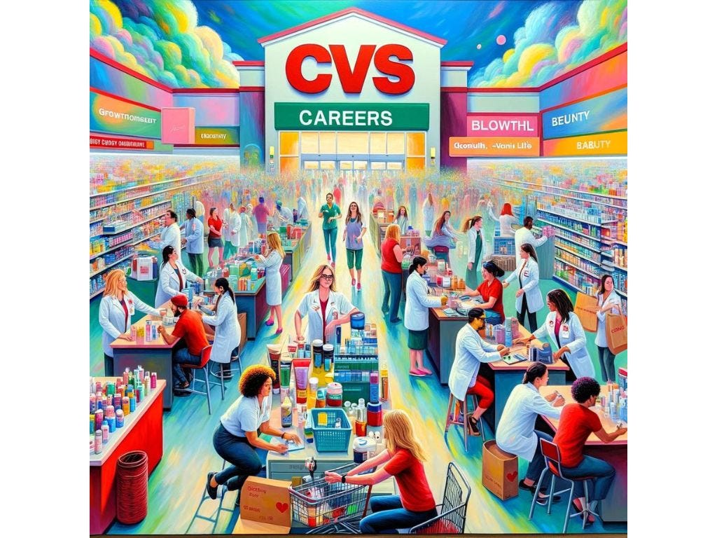 A vibrant painting showing the dynamic environment of CVS careers, with employees engaging in diverse tasks, symbolizing job satisfaction, growth, and a harmonious work-life balance.