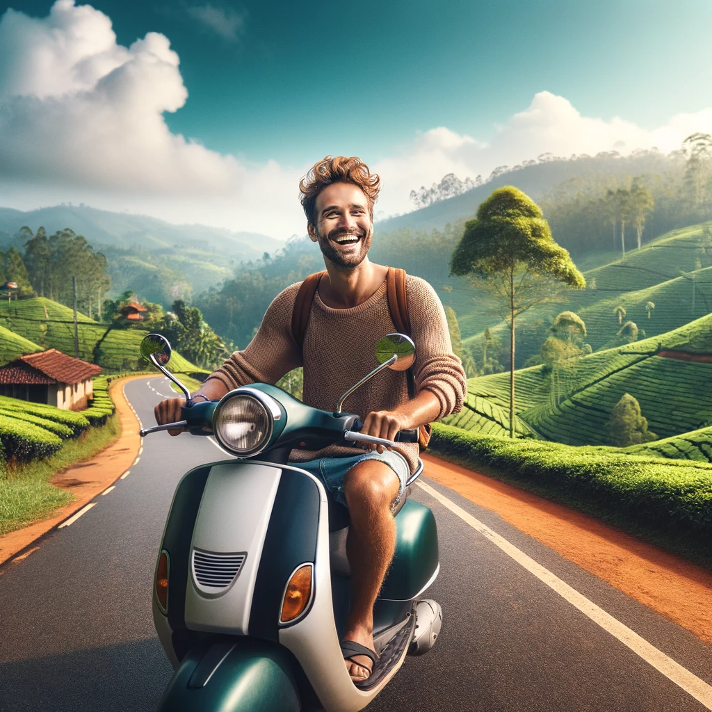 A tourist enjoying his scooter rental in Sri Lanka