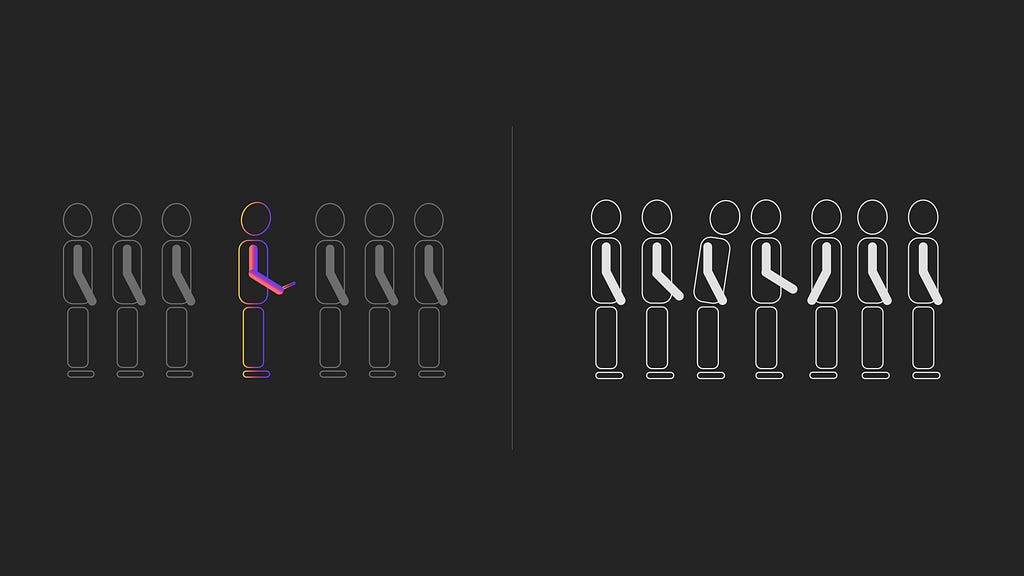 2 illustrations : First, showing a person using phone with his head down and disconnected from the people in queue ans second, shows that same person having a conversation with some people in the queue.