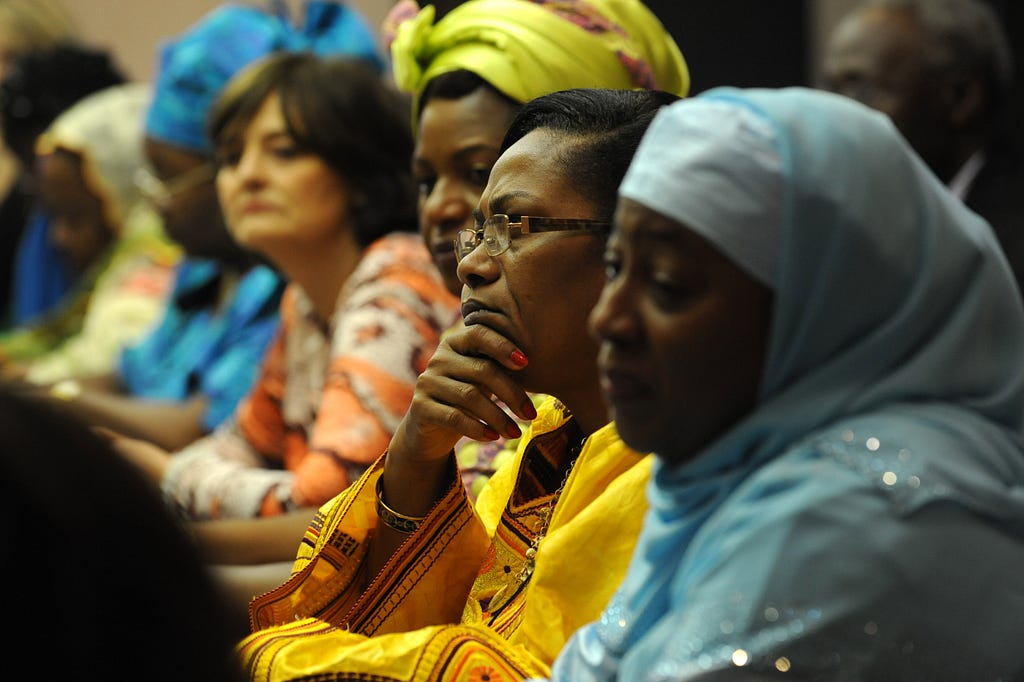 Attendees of the RAND African First Ladies Fellowship forum on September 26, 2012, from right: second lady Hajiya Amina Namadi Sambo of Nigeria, first lady Chantal Yayi of Benin, former first lady Callista Mutharika of Malawi, and former UK first lady Cherie Blair. Photo by Diane Bondareff/AP Images