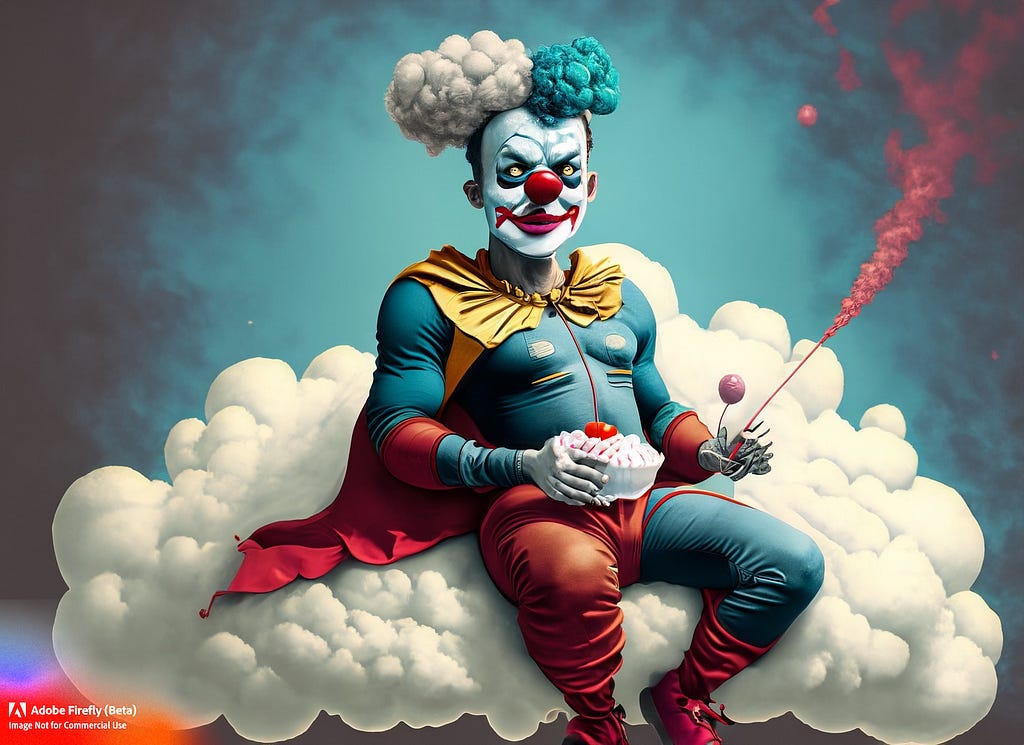 super hero in a clown suit, sitting on a cloud eating cotton candy in Tim Burton style